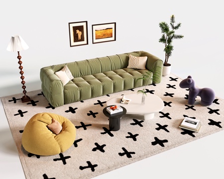 法式沙发茶几组合 奶油风懒人沙发 茶几su模型