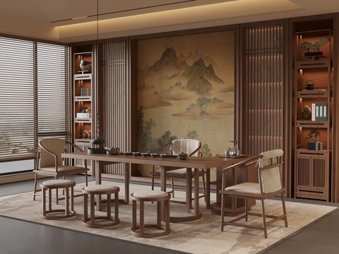 新中式茶室 茶桌椅 茶柜su模型