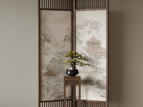 新中式屏风 花架su模型