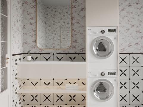 奶油风浴室柜 洗衣机柜su模型