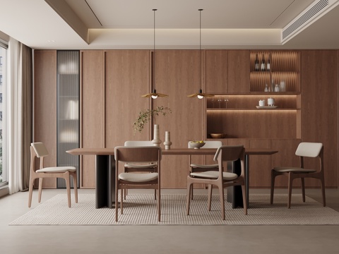 中古风餐厅 餐桌椅 酒柜su模型