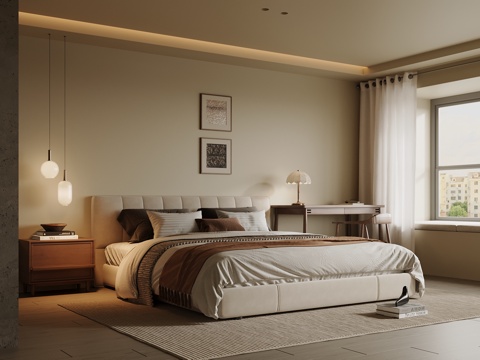 中古风卧室 双人床su模型