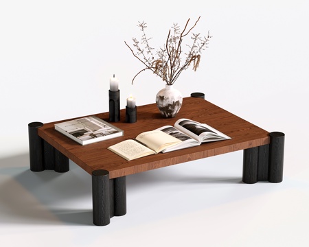 中古木质茶几 侘寂长方形茶几 书籍su模型
