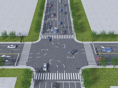 十字路口 现代道路 道路指示牌 信号灯 汽车 公交车su模型