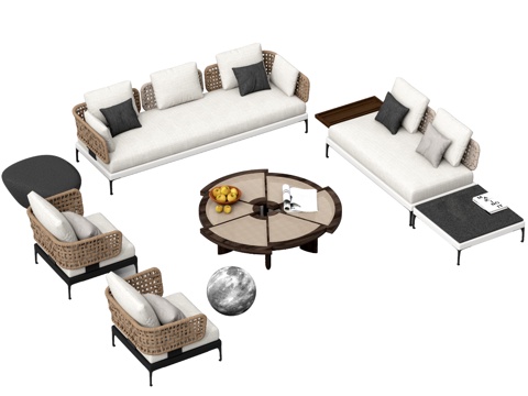 现代户外沙发 藤编户外沙发 茶几 休闲单椅su模型