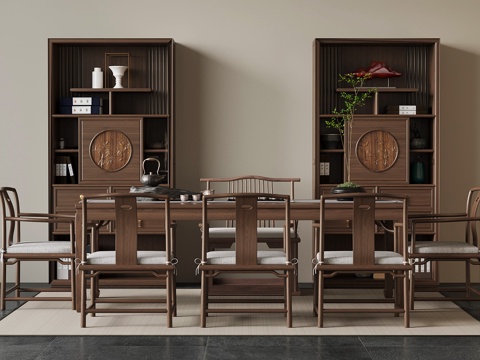 新中式茶桌椅 博古架su模型