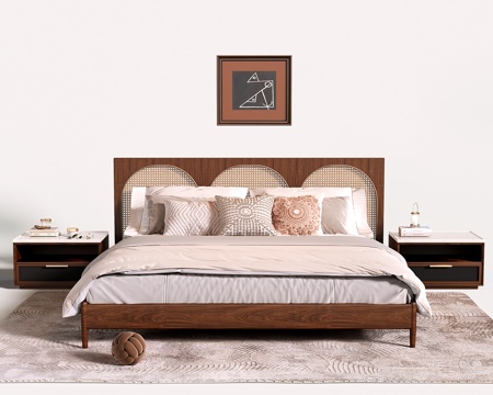  中古实木双人床 侘寂藤编双人床 床头柜3d模型 