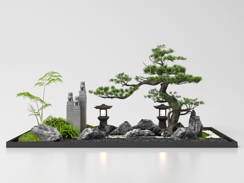 新中式庭院小品 禅意庭院景观 松树景观造景 松树 迎客松su模型