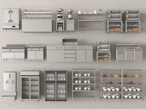 现代后厨设备 食堂厨房操作台 厨房用具组合su模型