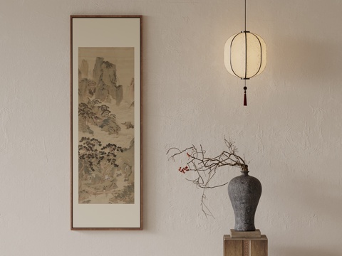 新中式挂画 花瓶 吊灯su模型