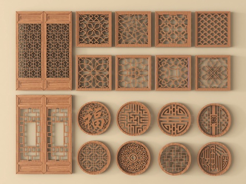 新中式镂花窗 镂空窗 镂空花格窗su模型