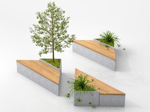  现代景观座椅 户外座椅 木材 景观树3d模型 
