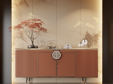 新中式玄关 端景柜 玄关柜 盆栽盆景 摆件su模型