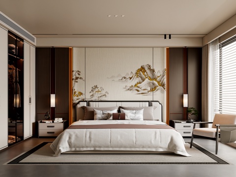 新中式卧室 布艺双人床 床头柜 吊灯 休闲椅 地毯su模型