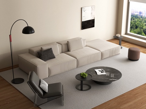 意式沙发组合 模块沙发 沙发茶几组合 休闲椅 落地灯su模型