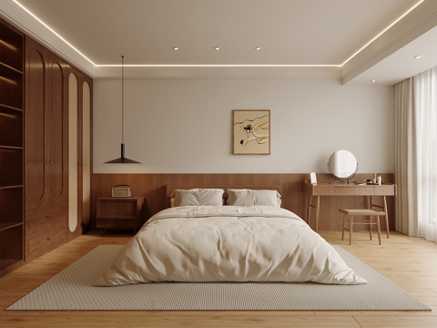 中古风卧室 双人床 衣柜 梳妆台su模型