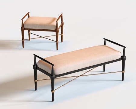 法式床尾凳 复古换鞋凳 木质脚踏 沙发长凳su模型