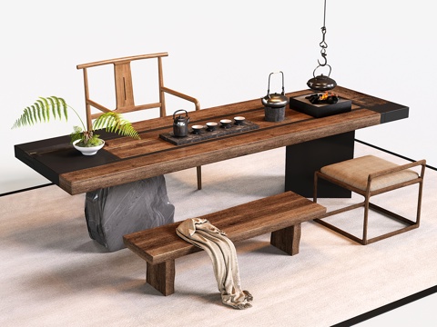 新中式茶桌椅 中式茶台 大板桌 茶具su模型