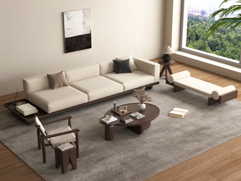 中古风沙发组合 茶几 休闲单椅 沙发长凳 边几 摆件su模型