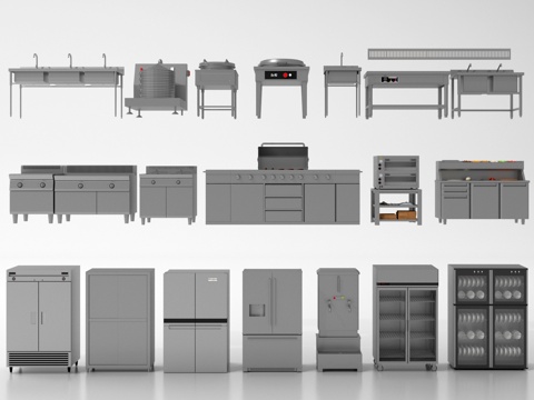 现代后厨设备 食堂厨房操作台 厨房用具组合su模型