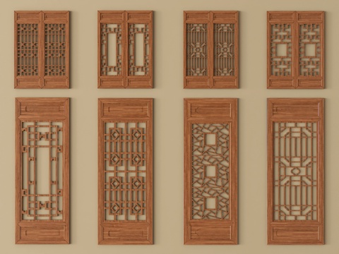新中式镂花窗 镂空窗 镂空花格窗su模型
