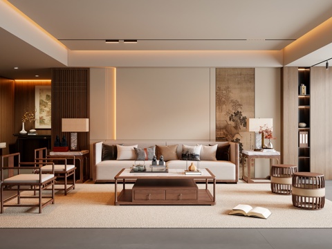 新中式宋氏风客厅 沙发茶几 多人沙发 休闲椅 地毯su模型