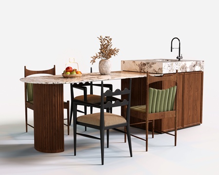 法式中岛台 大理石吧台 餐椅su模型