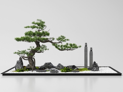 新中式庭院小品 禅意庭院景观 松树景观造景 松树 迎客松su模型
