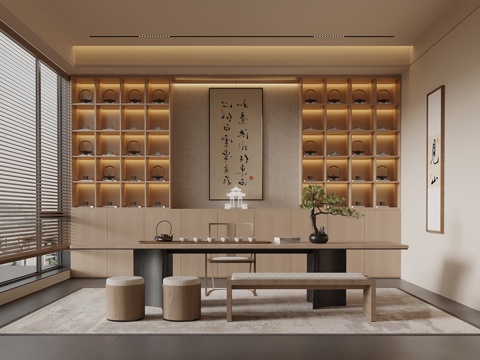 新中式茶室 茶桌椅 茶柜su模型