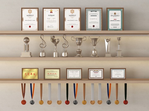 现代奖杯 奖牌 荣誉证书 奖状 徽章su模型