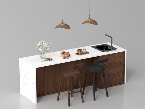 中古岛台 厨房岛台 吊灯 水槽 餐桌椅su模型