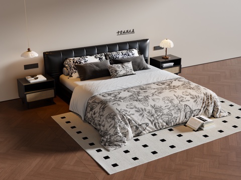  法式中古风双人床 皮质双人床 床头柜 地毯3d模型 