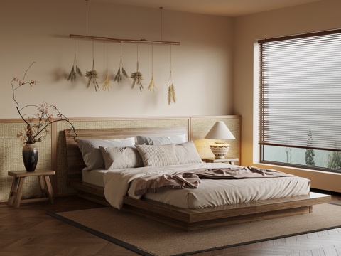 侘寂风卧室 双人床 墙裙 床头背景 民宿su模型