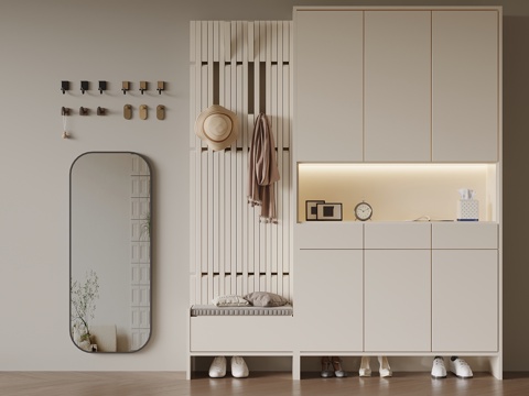 现代鞋柜 隔断鞋柜 镜子 挂衣板su模型