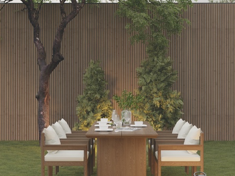 现代庭院花园餐桌柚木一桌六椅餐桌椅落地氛围灯su模型