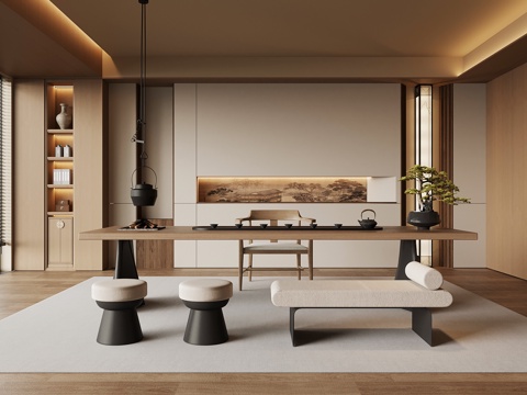 新中式茶室 宋氏风茶室 茶桌椅su模型