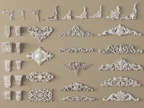 法式雕花 角花 灯盘 石膏构件 雕花柱头su模型