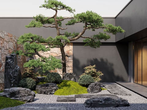 新中式天井庭院景观 天井庭院 松树 青石板 景观石su模型