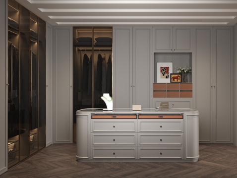 简欧岛台衣帽间 轻奢茶色玻璃衣柜 珠宝首饰中岛台 圆角衣帽间su模型