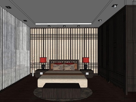 中式卧室 中式风格 中式双人床su模型