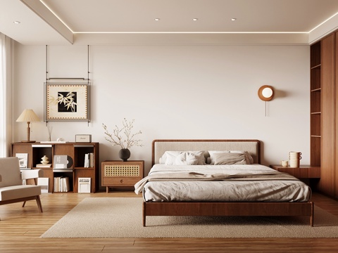 中古卧室 双人床 置物架su模型