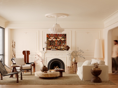 法式中古奶油风客厅su模型