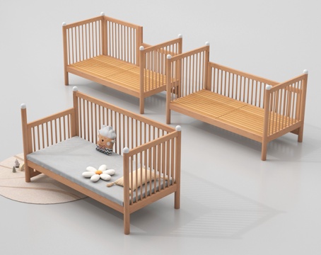 现代儿童床 实木婴儿床 带护栏婴儿床su模型