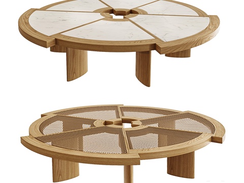 Cassina 现代侘寂风茶几组合 中古风圆形茶几 木茶几su模型