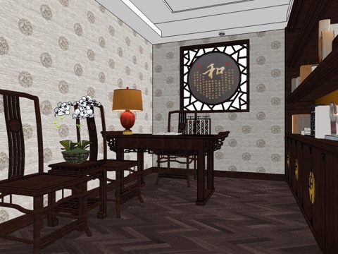 新中式书房 新中式风格su模型