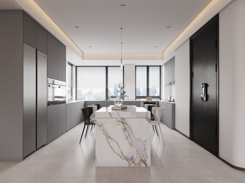  现代轻奢黑白灰岛台餐厅3d模型 