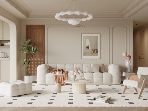  法式奶油风客厅 沙发茶几组合3d模型 