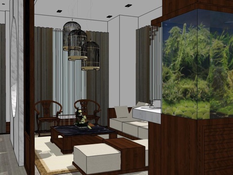 新中式客厅 新中式风格su模型