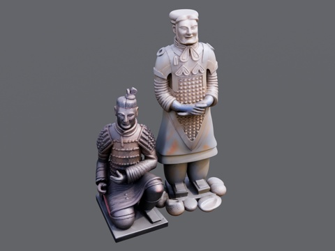两个兵马俑雕塑组合su模型
