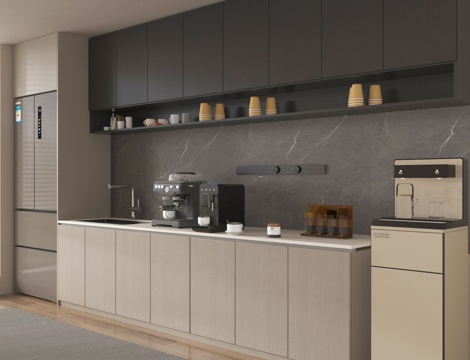 现代茶水间 办公茶水间 直饮机 咖啡机 冰箱 装饰柜su模型